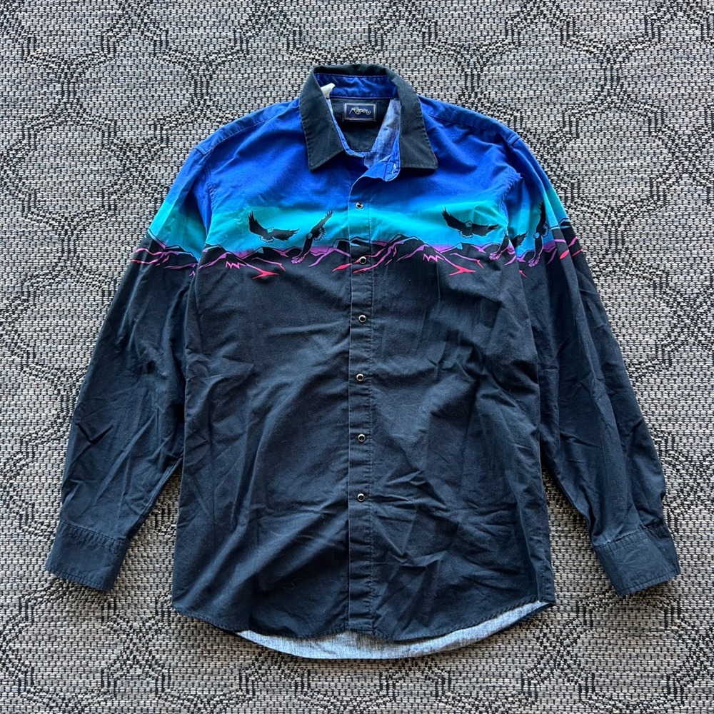 Vintage Roper Shirt Mens Large Blue Black Eagle Sunset Western Rodeo Pearl Snap